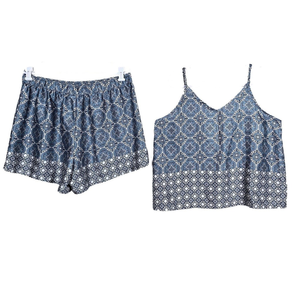 Como Sleep Pajama Set Blue White Medallion Print Cami‎ and Shorts XL Loungewear